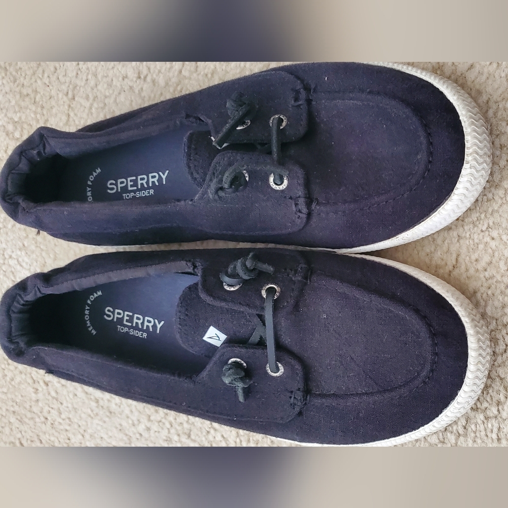Black Canvas Sperry Boat Loafers Slip On Shoes 9 - Picture 2 of 7